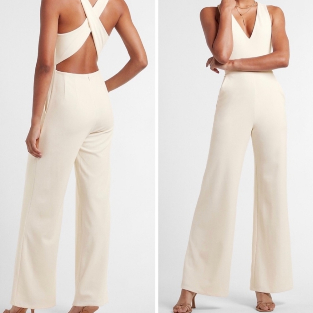 Express Ivory XS Cross Back Wide Leg Jumpsuit - fully lined